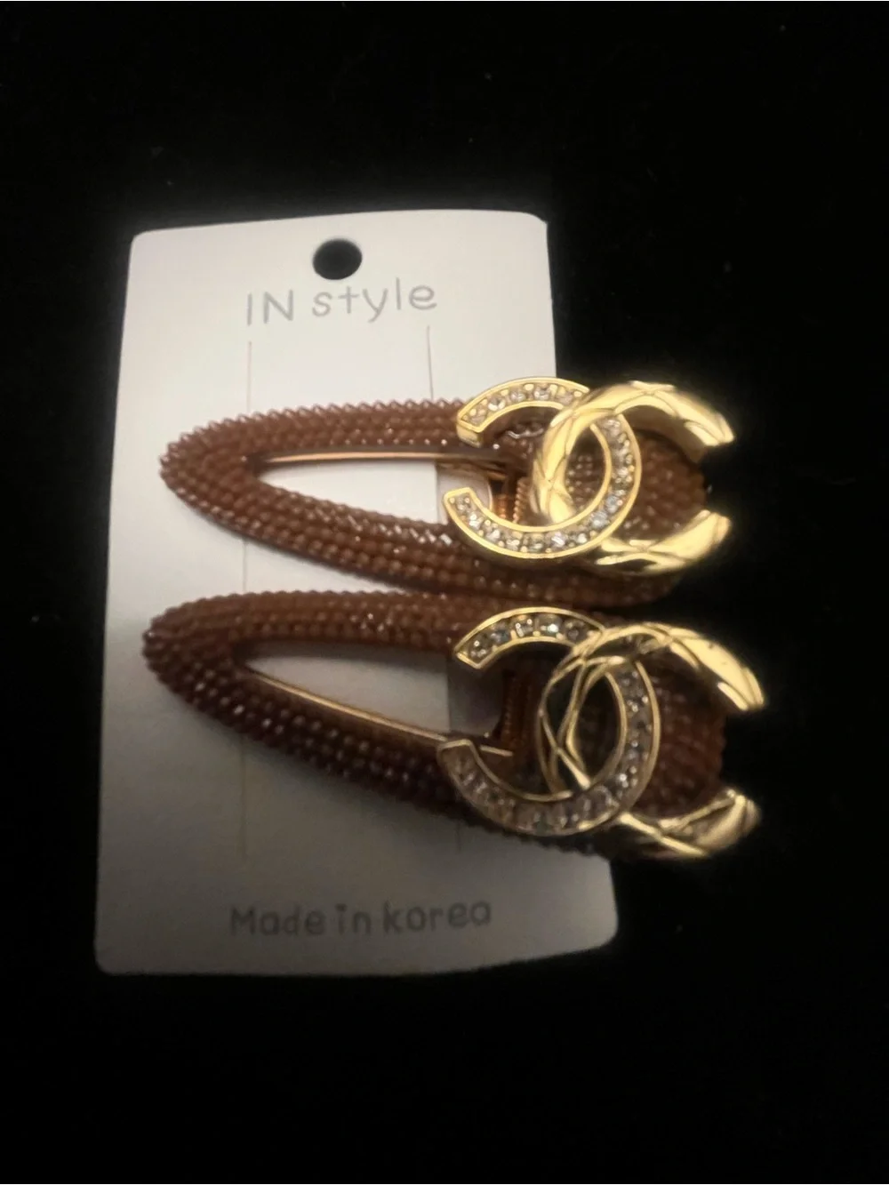 Brown Beaded Hair Clips with Gold Crystal Accents